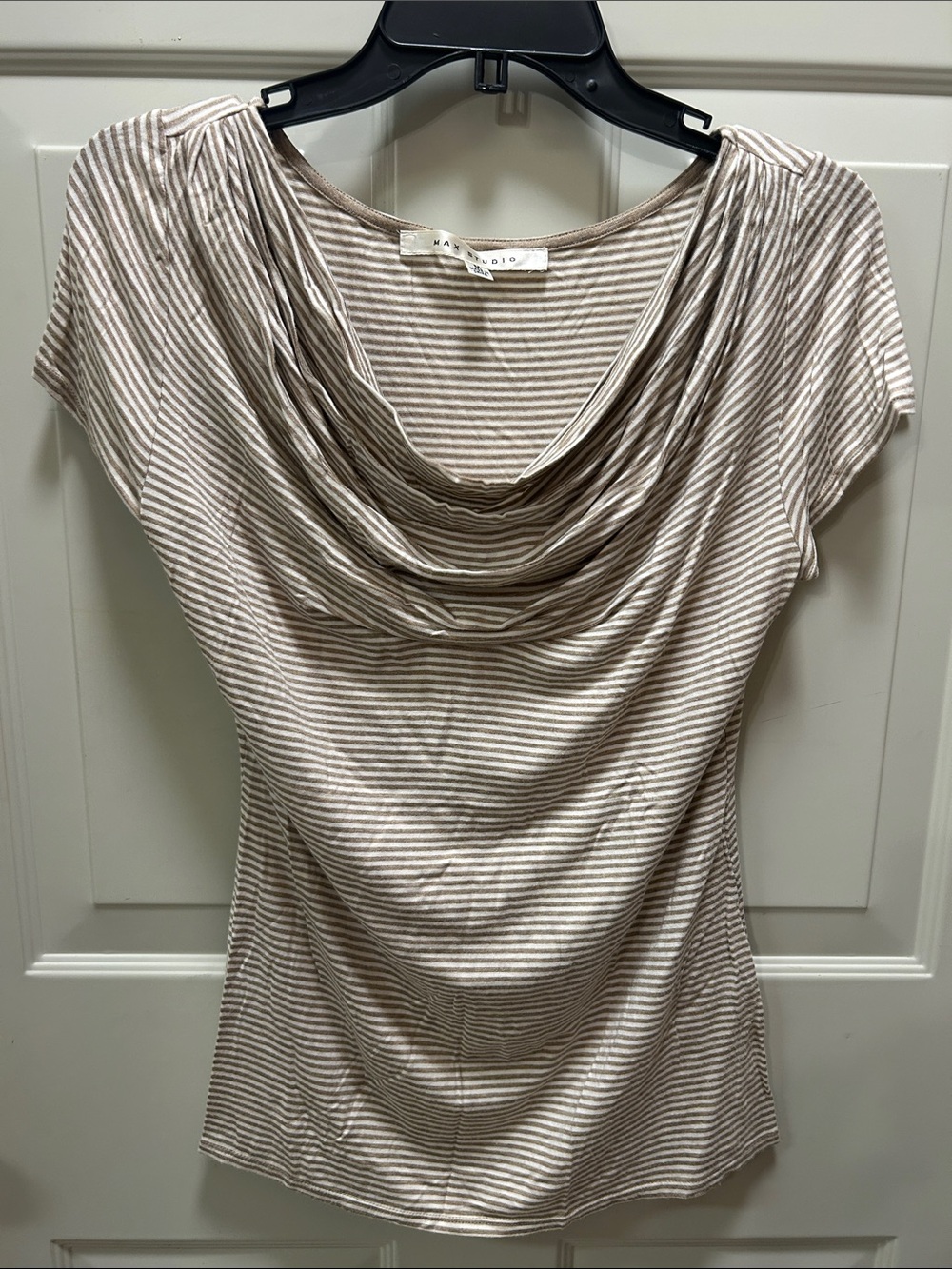 Max Studio Taupe and White Striped Cowl-Neck Short Sleeve Top